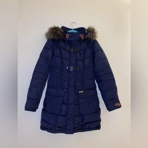 Women’s Large Navy Khujo Winter Jacket w/ faux fur trim